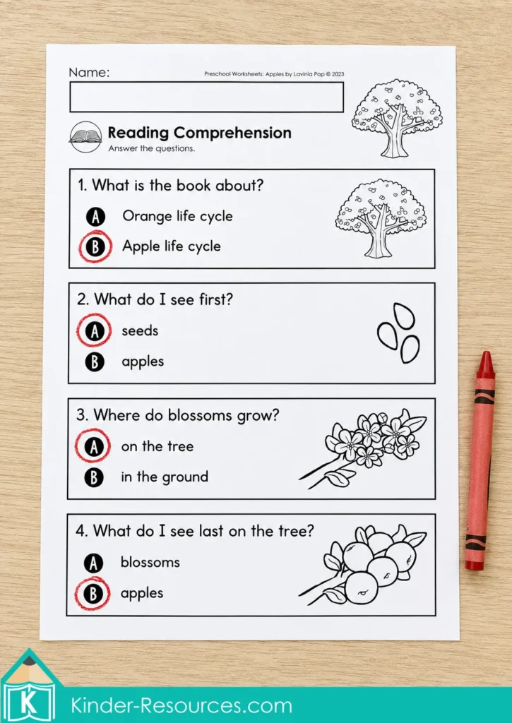 Apple Preschool Worksheets Literacy Reading Comprehension Page