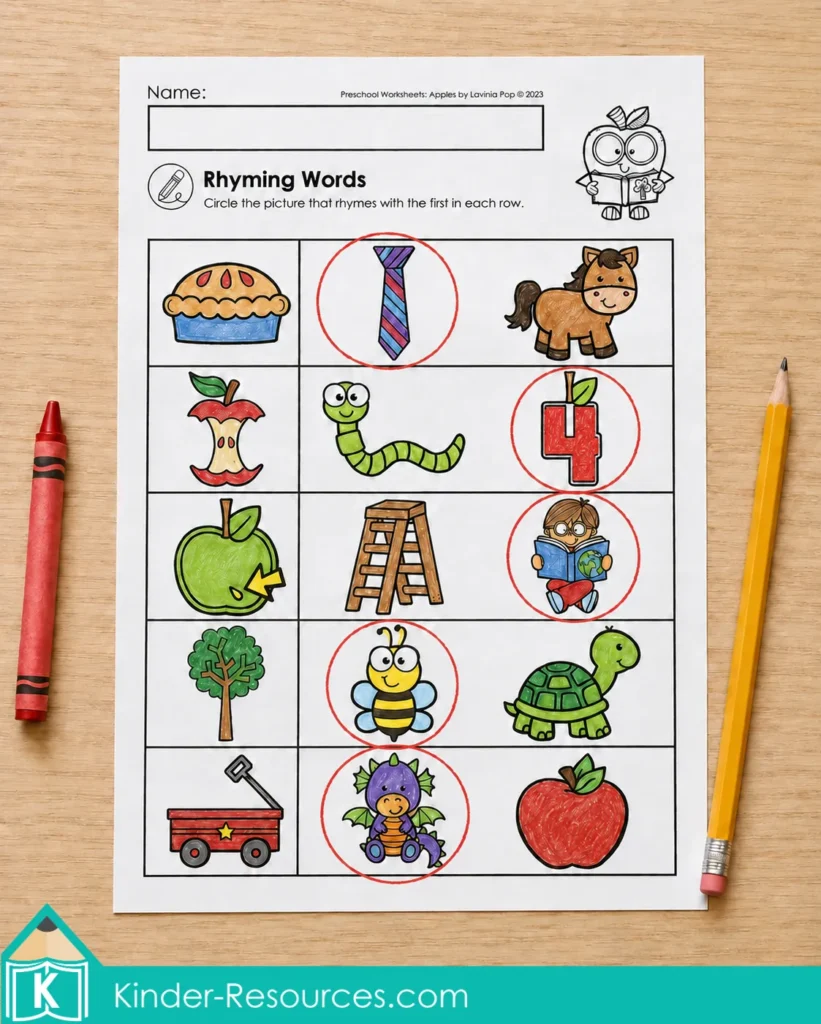 Apple rhyming words worksheet with colorful picture choices circled in red crayon.