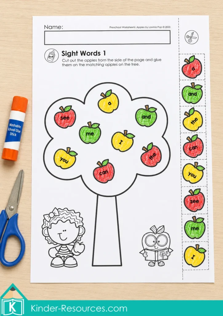 Apple sight word worksheet with color-coded apples, crayons, glue, and scissors.