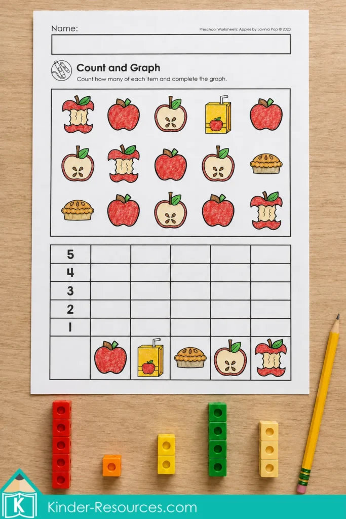 Apple count-and-graph worksheet with colorful apples, a picture graph, and counting manipulatives.