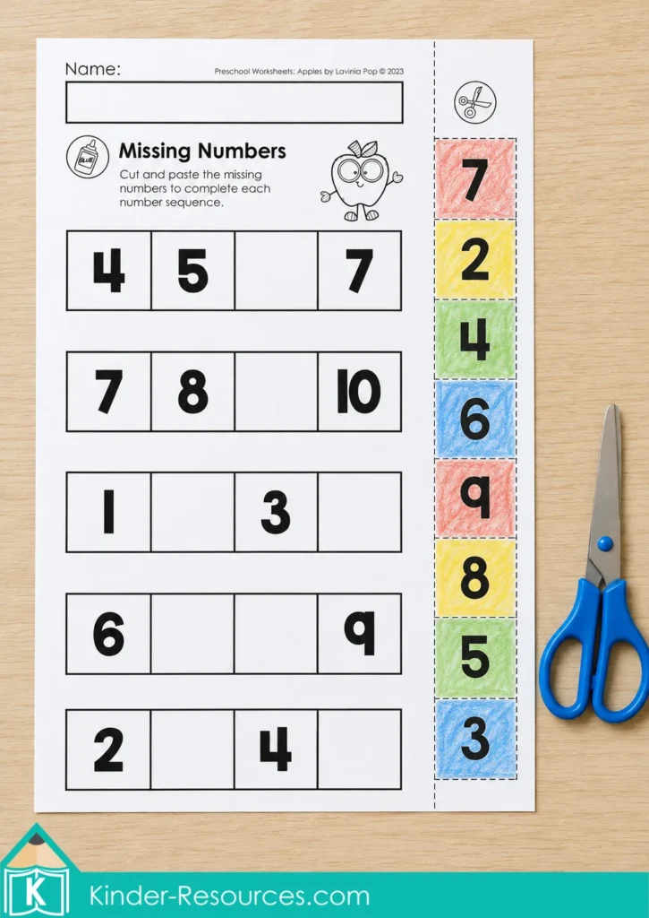Apple missing-numbers worksheet with number sequences, colorful number tiles, and child-safe scissors.
