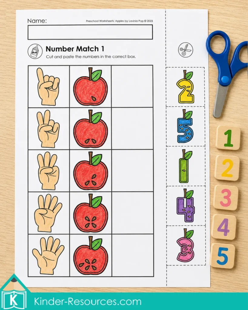 Worksheet for Preschool Apple number-matching worksheet connecting finger quantities, apple seeds, and numerals from 1 to 5.