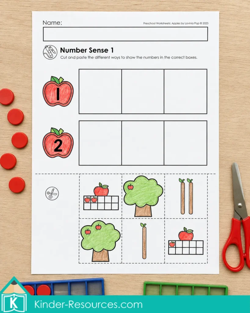 Apple number-sense worksheet for matching numerals one and two with quantities and visual representations.