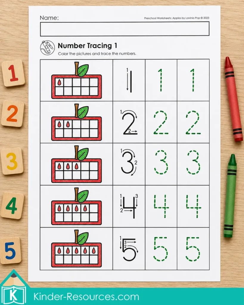 Apple number-tracing worksheet featuring ten frames and numerals from 1 to 5 with crayons and number tiles.