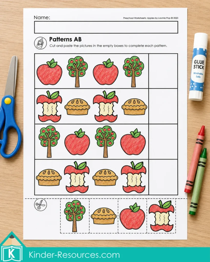Apple AB pattern worksheet with apples, apple trees, apple cores, and pies to cut and paste.