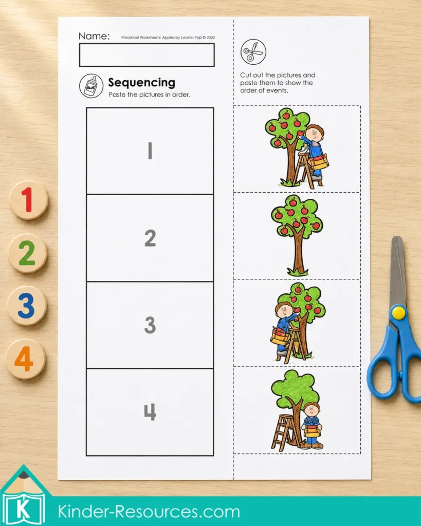 Apple sequencing worksheet for arranging four apple-picking pictures in the correct order.
