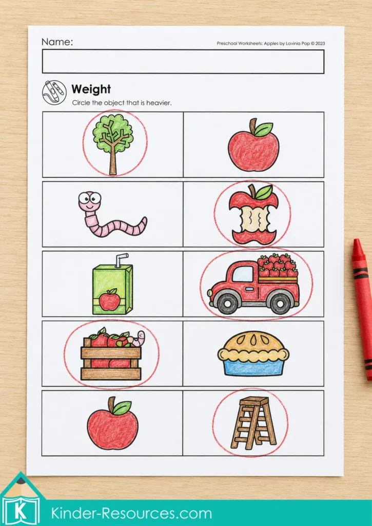 Apple weight worksheet with the heavier picture circled in each comparison row.