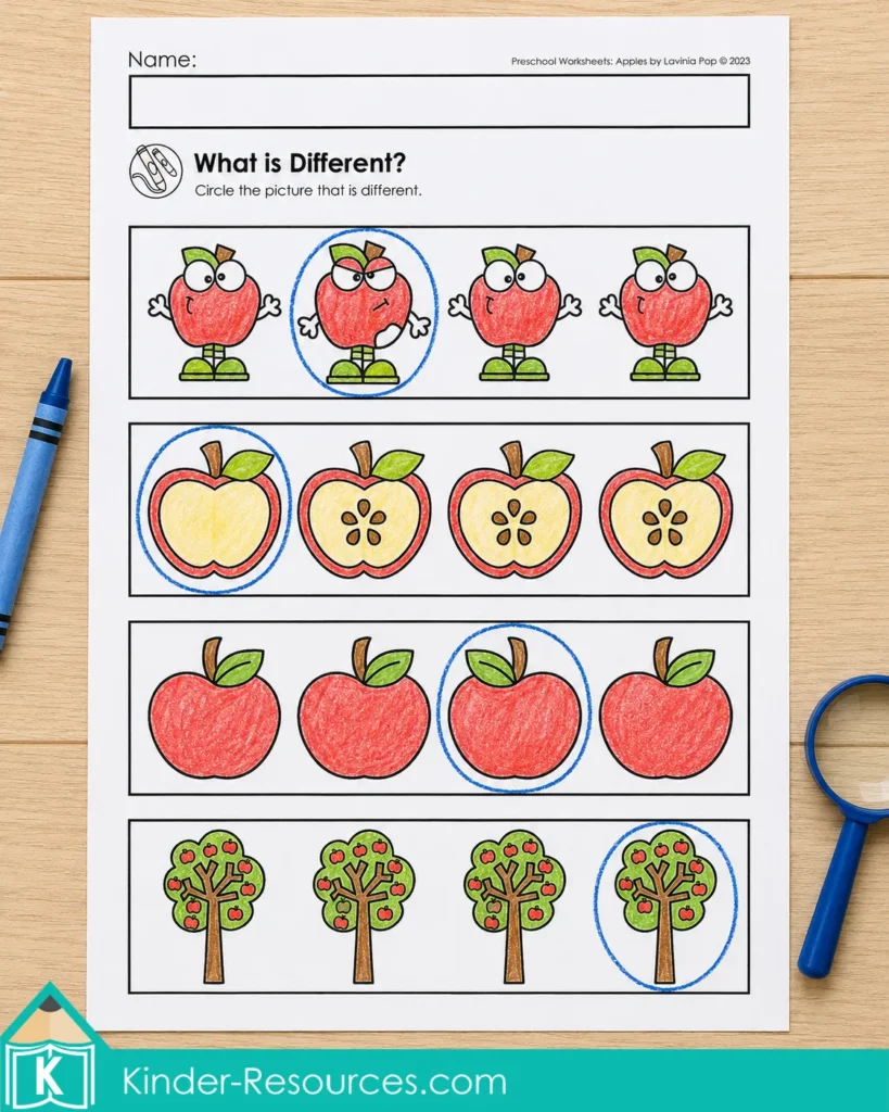 Apple visual discrimination worksheet with the different picture identified in each row.