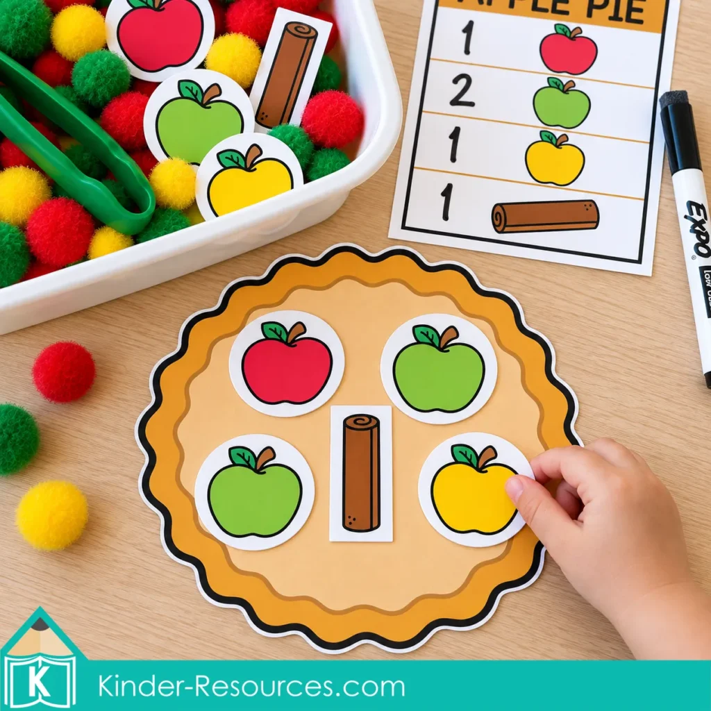 Apple sensory bins for preschool with a handwritten recipe card and a child's hand placing a yellow apple on a paper pie.