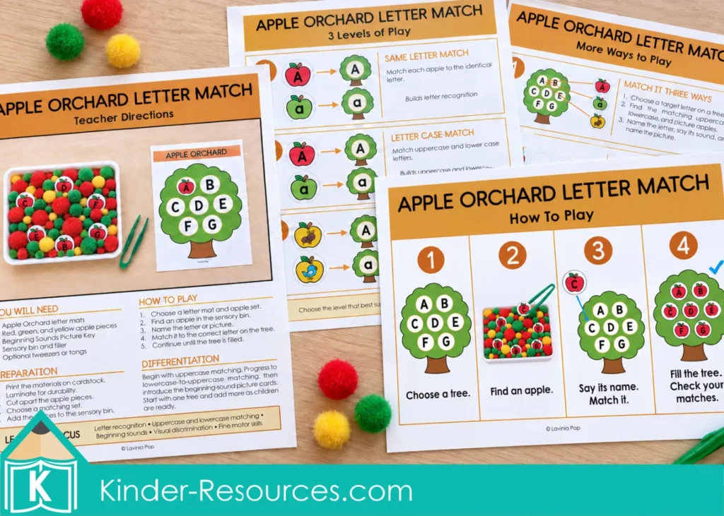 Apple Orchard teacher directions, visual play steps, activity levels, and extension pages for apple sensory bins for preschool.