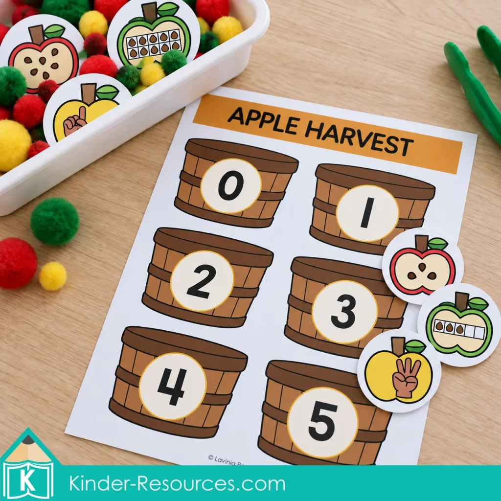 Apple Harvest number mat for apple sensory bins for preschool, with baskets 0 to 5 and three counting cards beside basket 3.