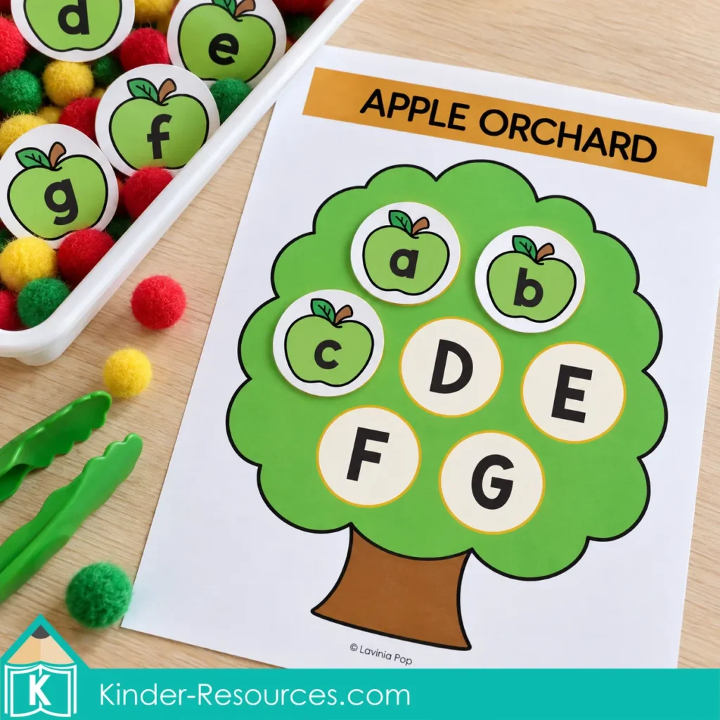 Apple sensory bins for preschool with lowercase apple letter cards matched to uppercase letters on an orchard tree mat.