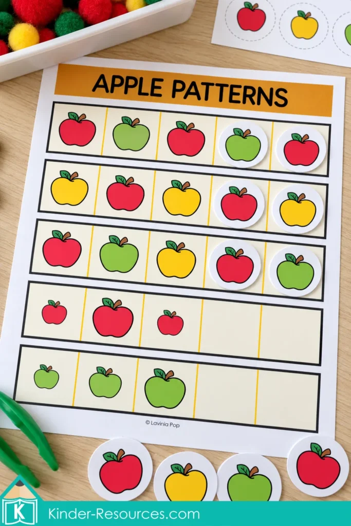 Apple pattern mat for apple sensory bins for preschool, with color patterns completed using cards and size patterns below.