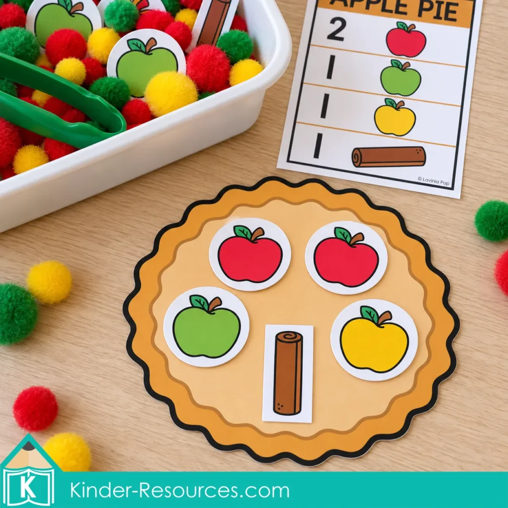 Apple sensory bins for preschool with a picture recipe and a paper pie holding two red apples, one green, one yellow, and cinnamon.