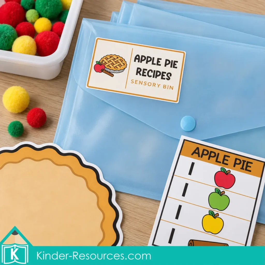 Pale blue storage envelopes for apple sensory bins for preschool, with an Apple Pie Recipes label, recipe card, and paper pie.