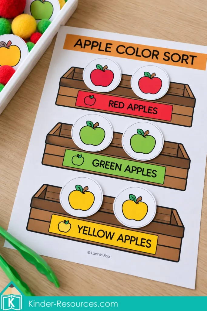 Apple sensory bins for preschool with red, green, and yellow apple cards sorted onto matching printed crates.