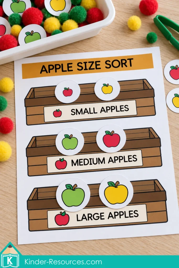 Apple sensory bins for preschool with small, medium, and large apple pictures sorted onto labeled crates on a size sorting mat.