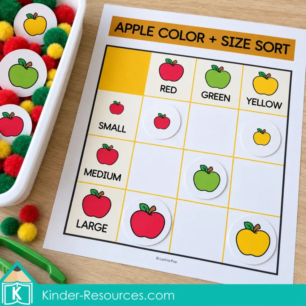 Apple sensory bins for preschool with red, green, and yellow apple cards on a grid for sorting by color and size.