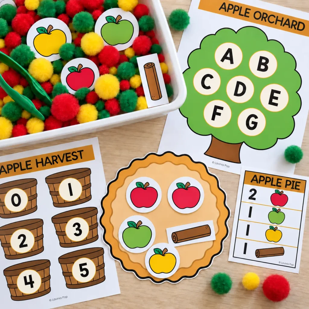 Apple sensory bins for preschool by Lavinia Pop. Colorful pom poms, an alphabet tree, numbered baskets, and an apple pie recipe activity.