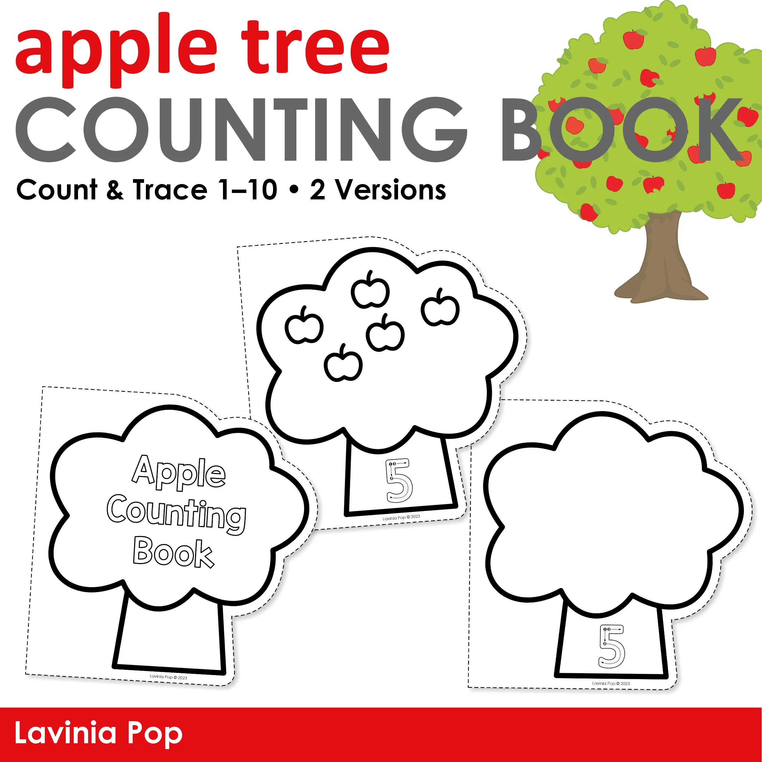 Apple Tree Counting Book for numbers 1–10 with a booklet cover and two number 5 pages, one with printed apples and one without.