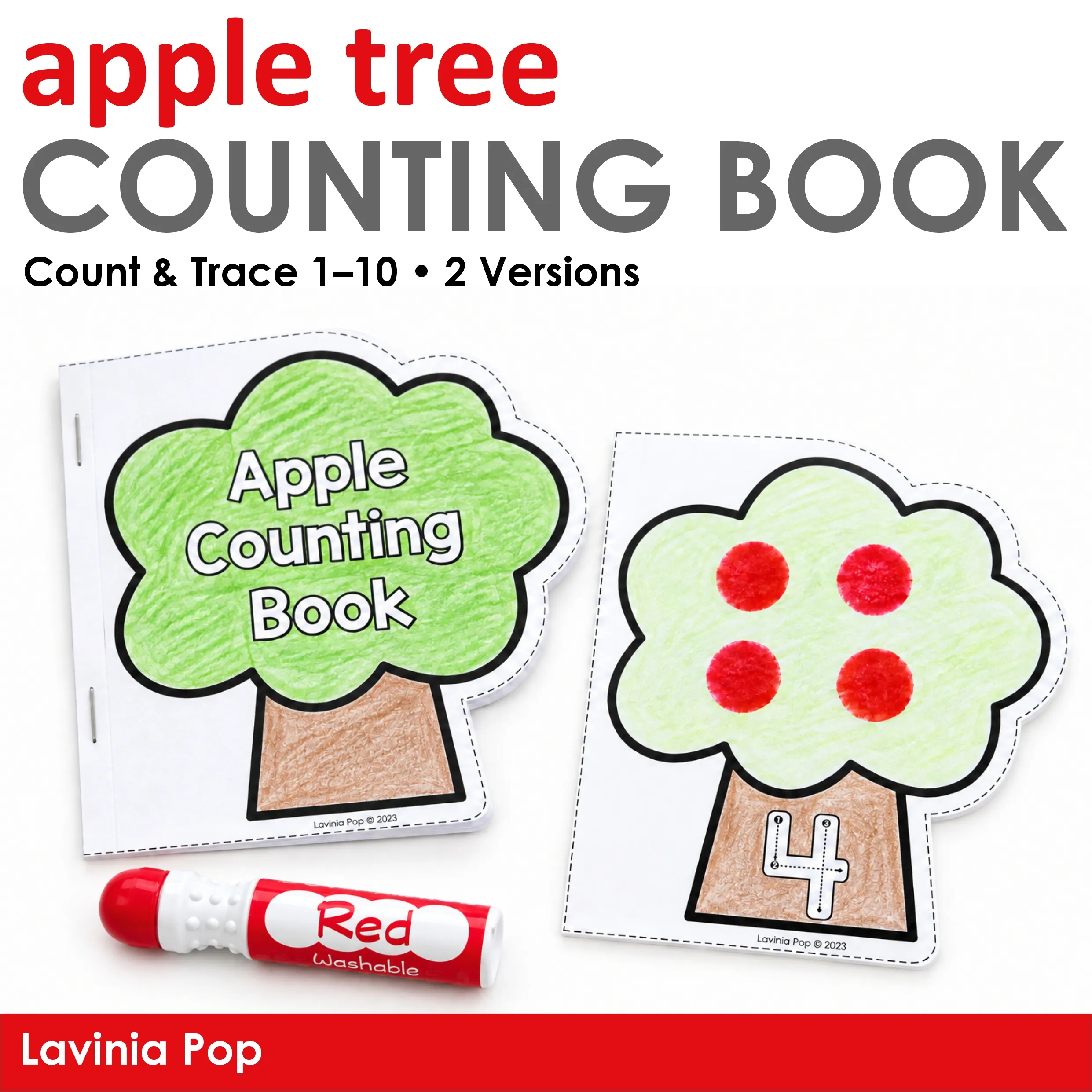 Apple Tree Counting Book cover beside a number 4 tree with four red dot-marker apples and a red bingo dabber.