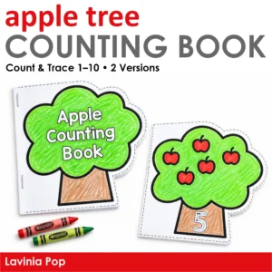 Apple Tree Counting Book cover and a colored tree with five red apples and a tracing numeral 5, beside red and green crayons.