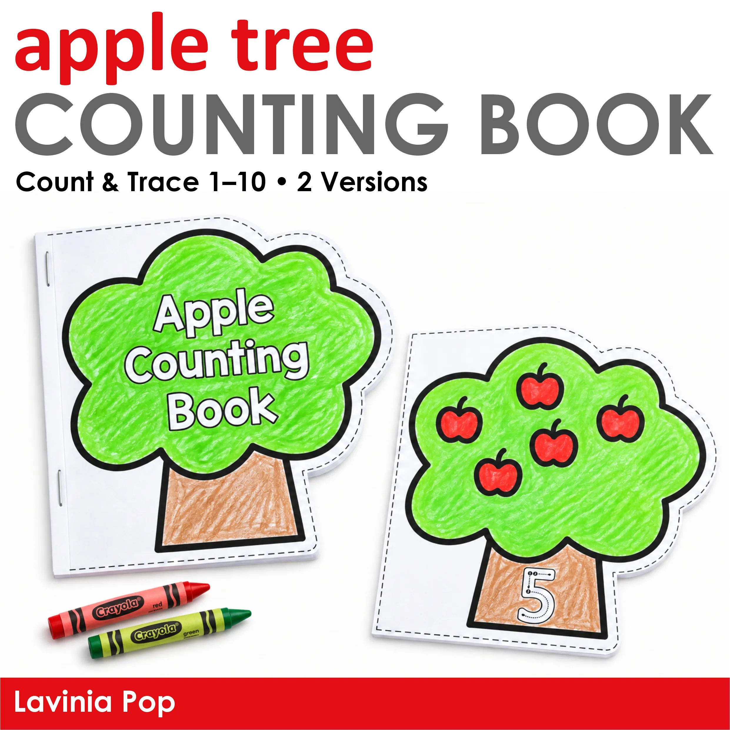 Apple Tree Counting Book cover and a colored tree with five red apples and a tracing numeral 5, beside red and green crayons.