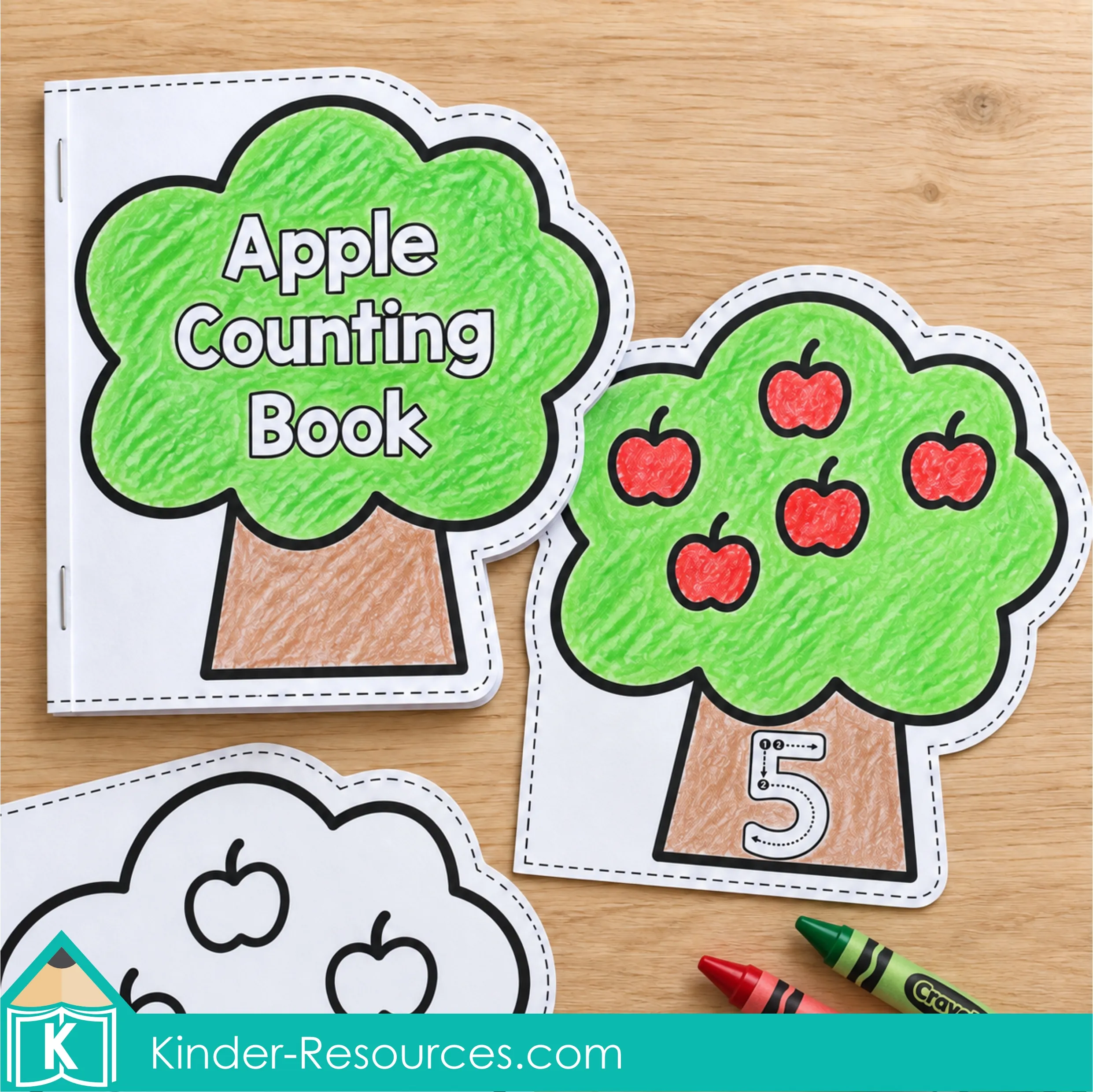 Preschool apple counting book with a colored cover, a five-apple tracing page, and an uncolored page on a wooden table.