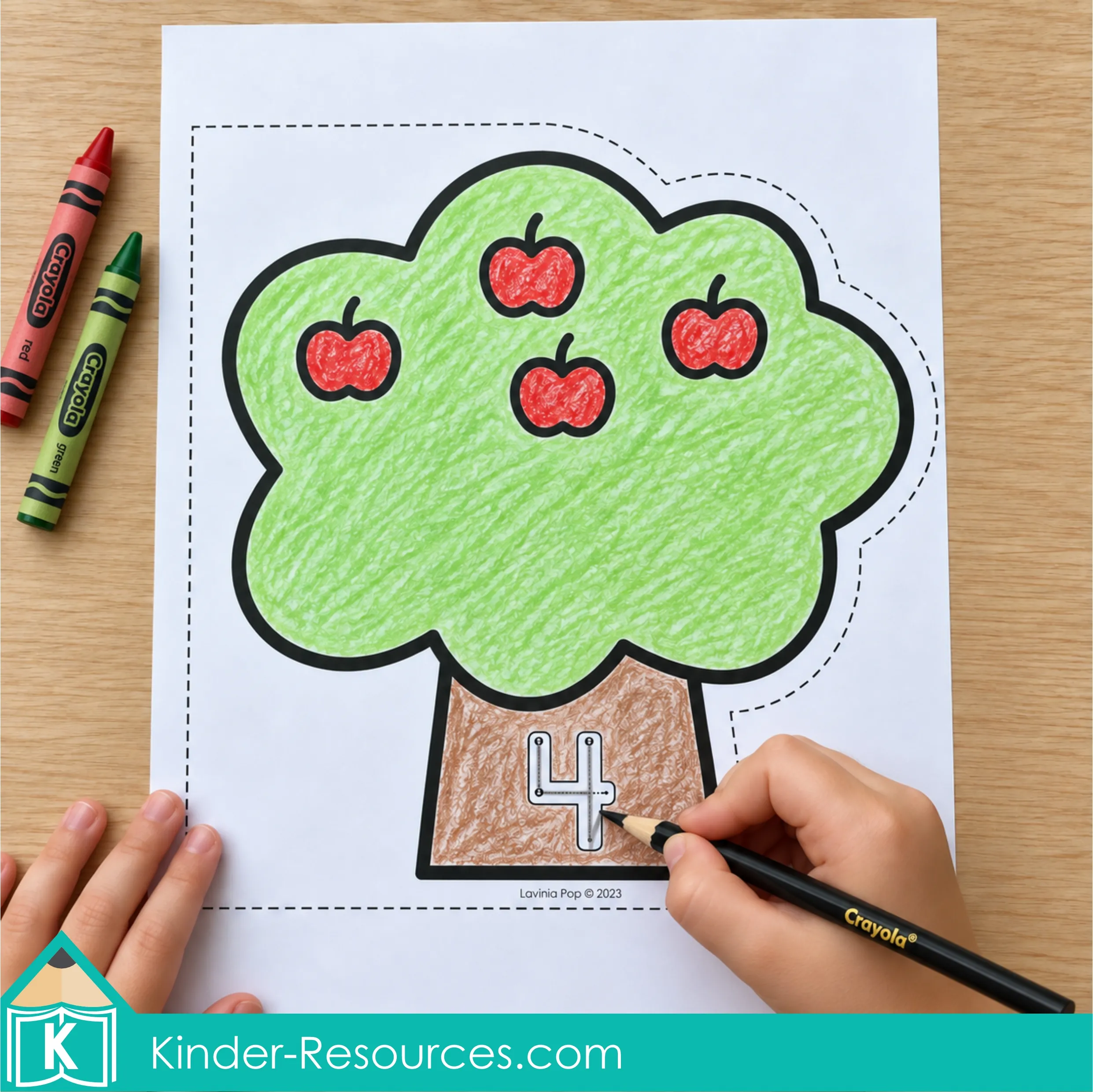Apple counting worksheet with four red apples and a child tracing the number 4 on the tree trunk using a black colored pencil.