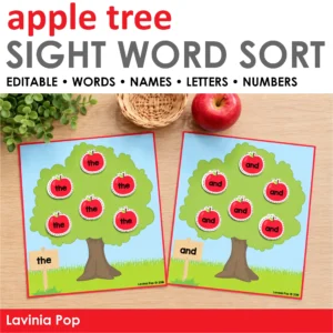 Apple Tree Sight Word Sort cover showing completed “the” and “and” trees and editable options for words, names, letters, and numbers.