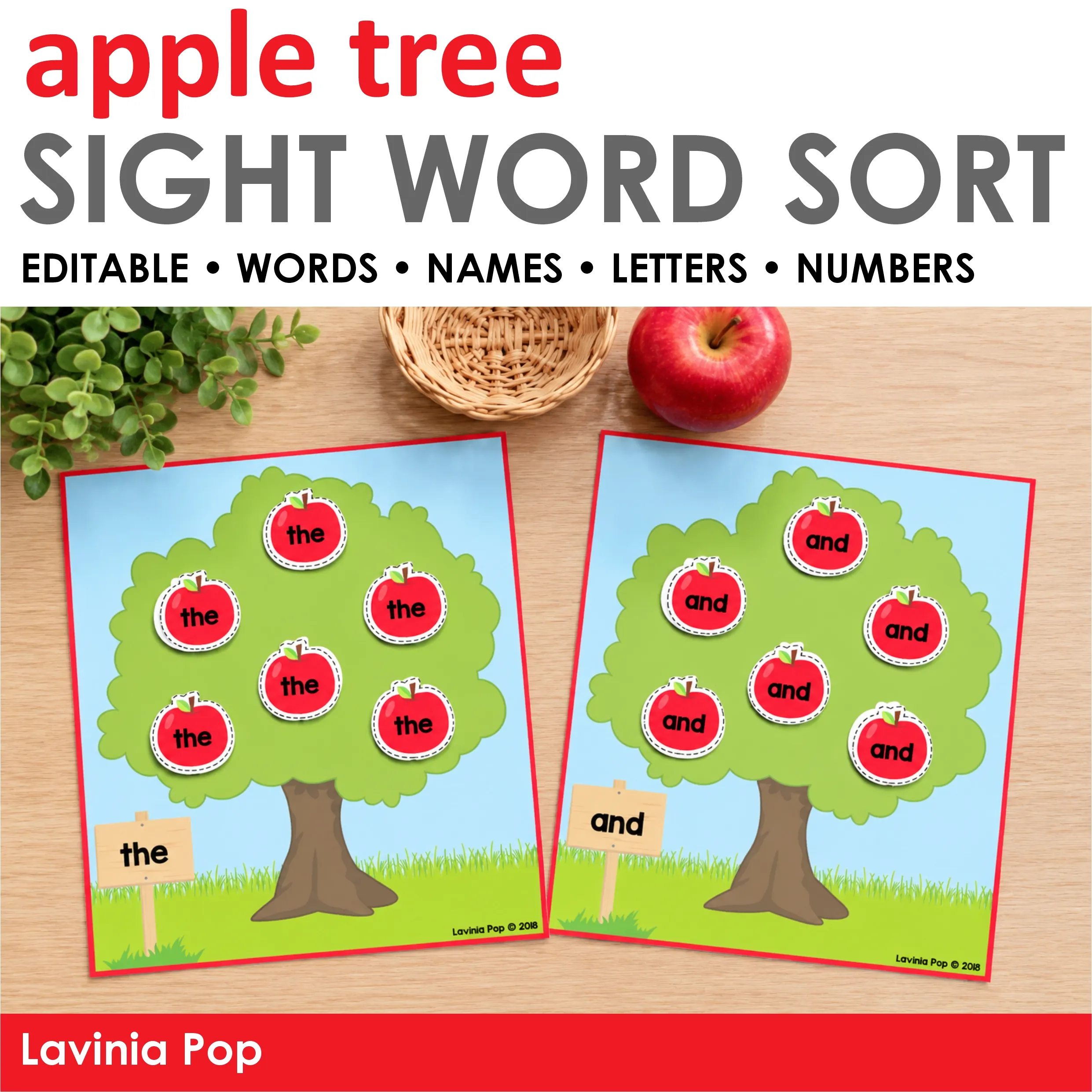 Apple Tree Sight Word Sort cover showing completed “the” and “and” trees and editable options for words, names, letters, and numbers.