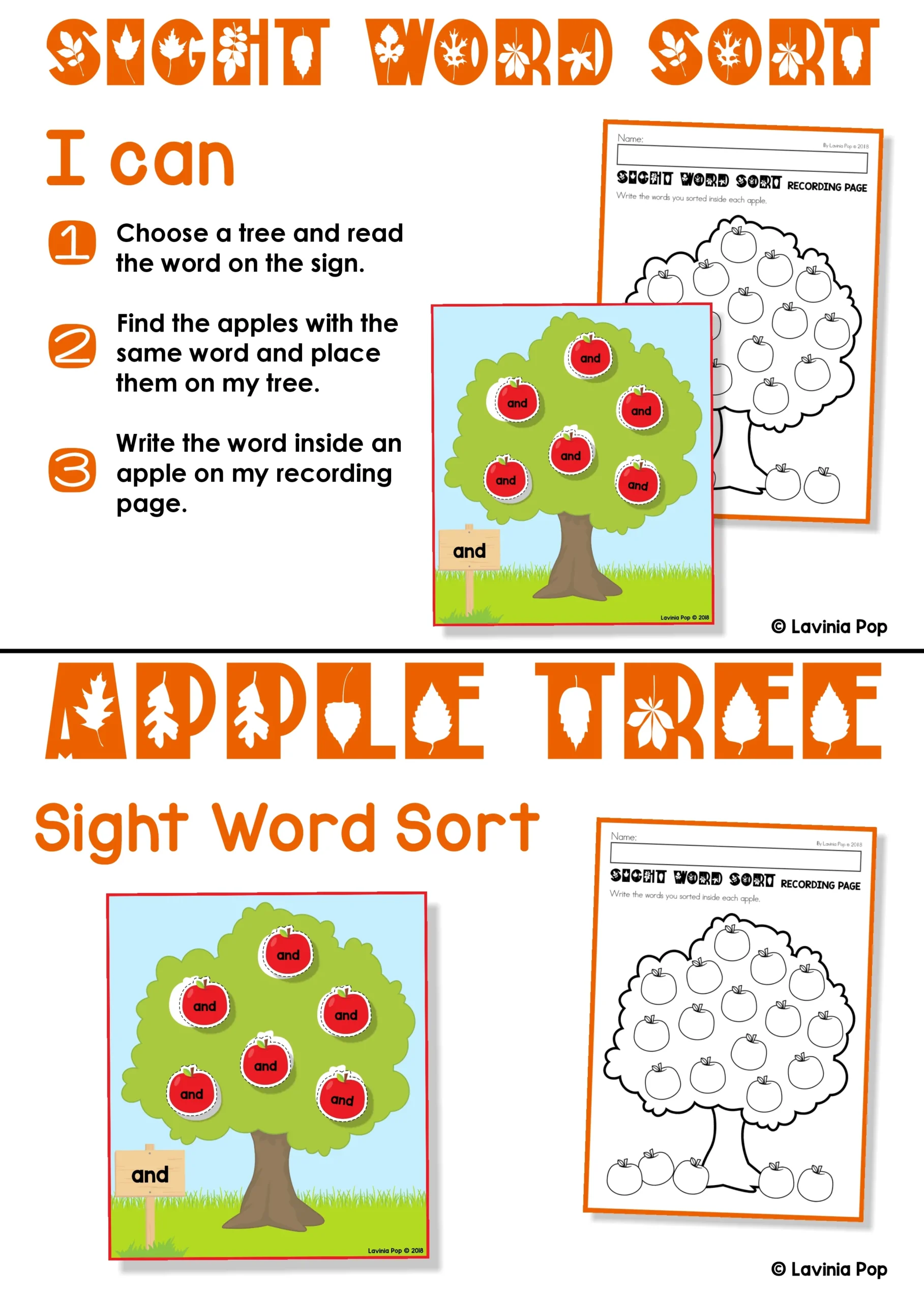 I can card with steps to read a word, match the apples, and record it, above a coordinating Apple Tree Sight Word Sort storage label.