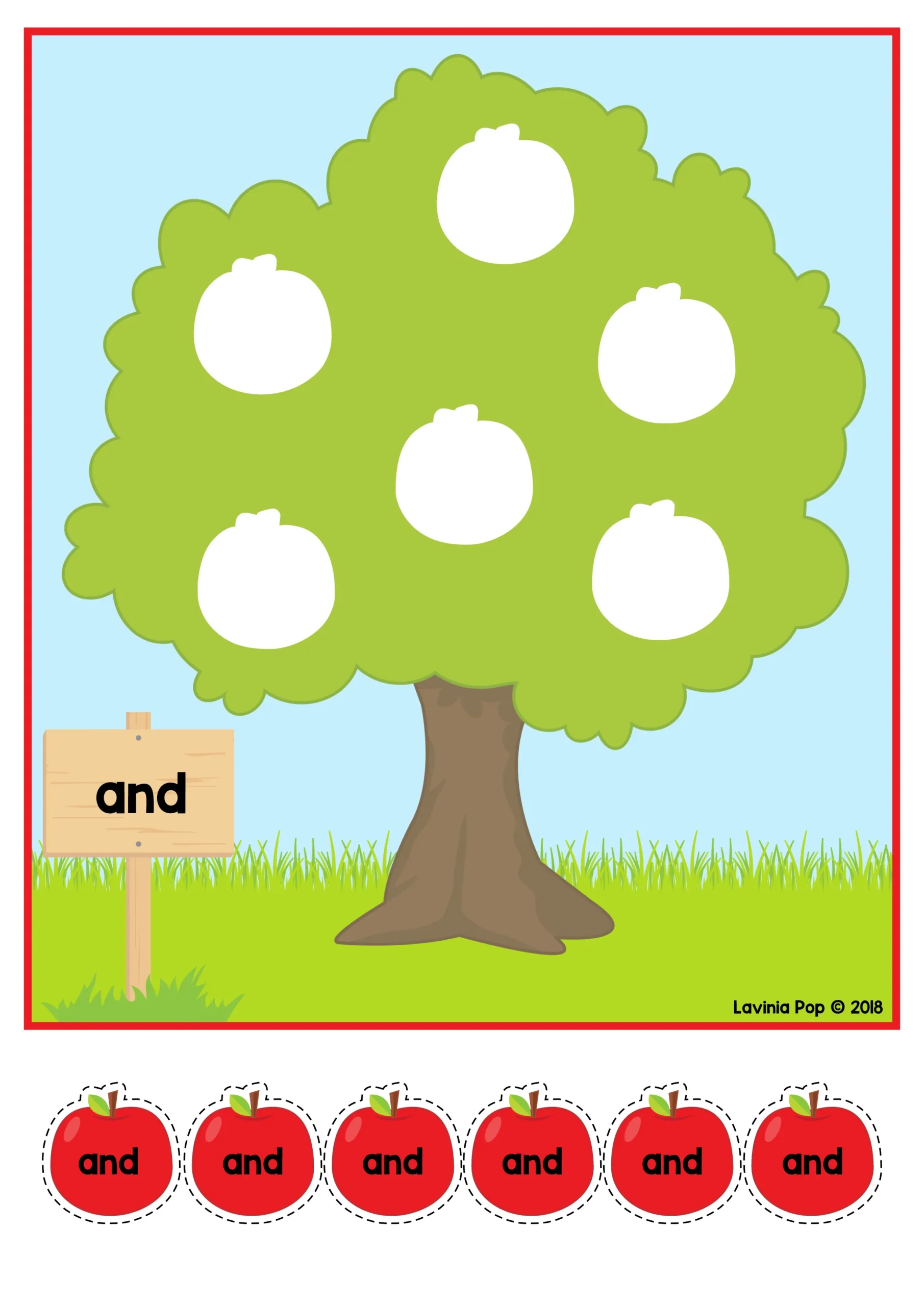 Printable tree mat labeled “and” with six empty apple spaces and six matching “and” apple pieces below