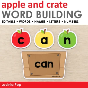 Apple Sight Word Building Center cover with red, yellow, and green letter apples spelling can above a matching word crate.