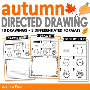 Autumn Directed Drawing for kindergarten and 1st grade with 10 fall drawings in three differentiated formats: Step by Step, Draw It, and Draw & Write.