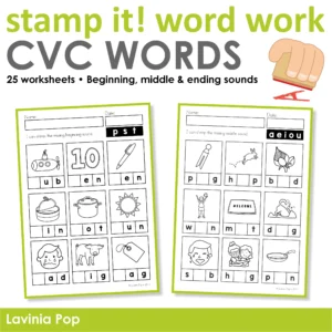CVC Stamp It! Word Work Center with 25 kindergarten worksheets for practicing beginning, middle, and ending sounds and spelling CVC words.