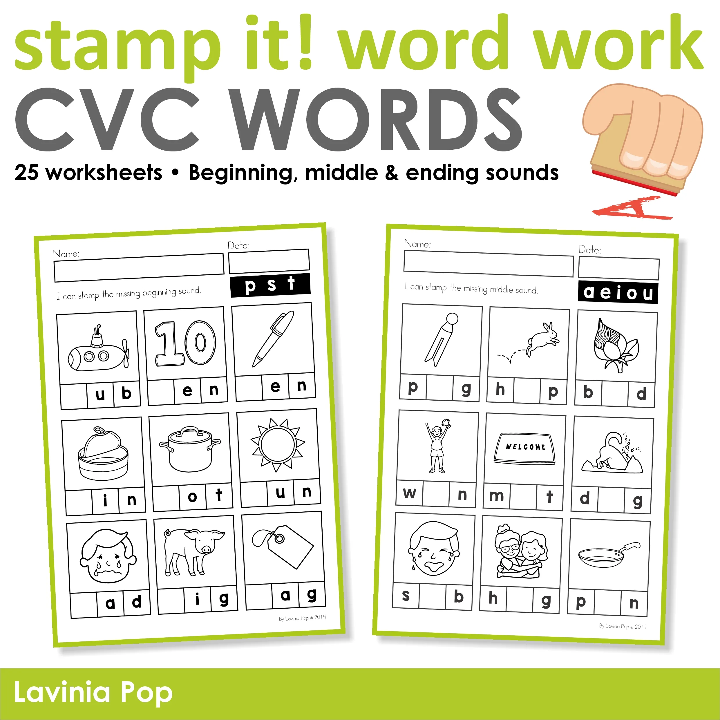 CVC Stamp It! Word Work Center with 25 kindergarten worksheets for practicing beginning, middle, and ending sounds and spelling CVC words.