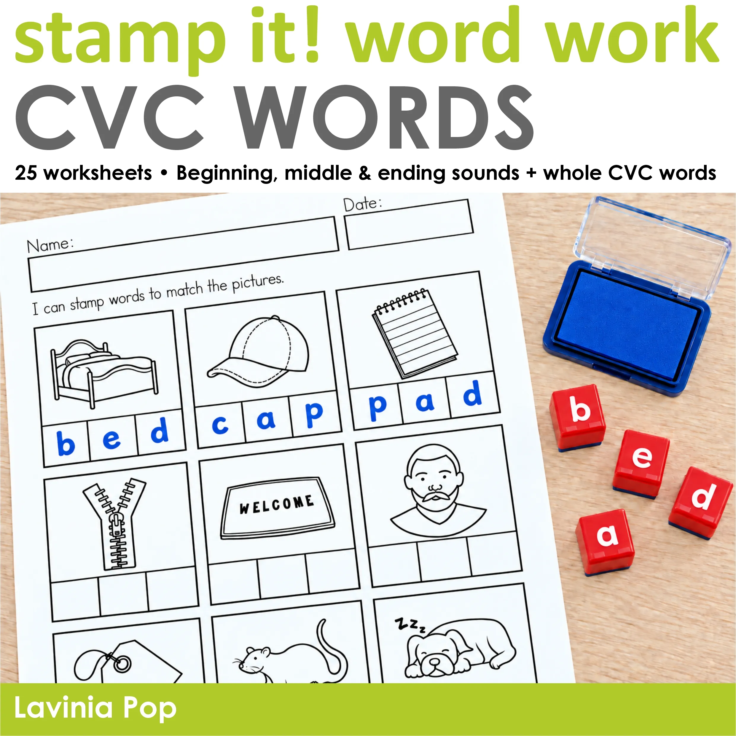CVC Stamp It! Word Work Center for kindergarten spelling practice with alphabet stamps, including the words bed, cap, and pad.