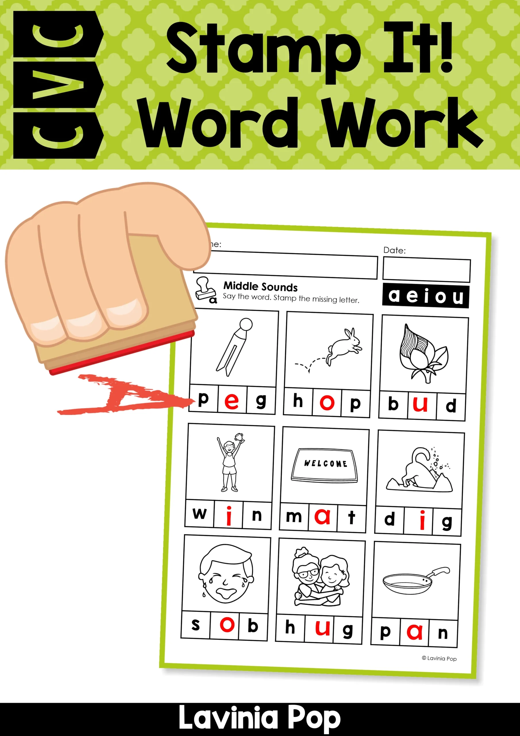 CVC Stamp It! Word Work Center for kindergarten short vowel practice, with missing middle letters completed in words such as peg, hop, and bud.