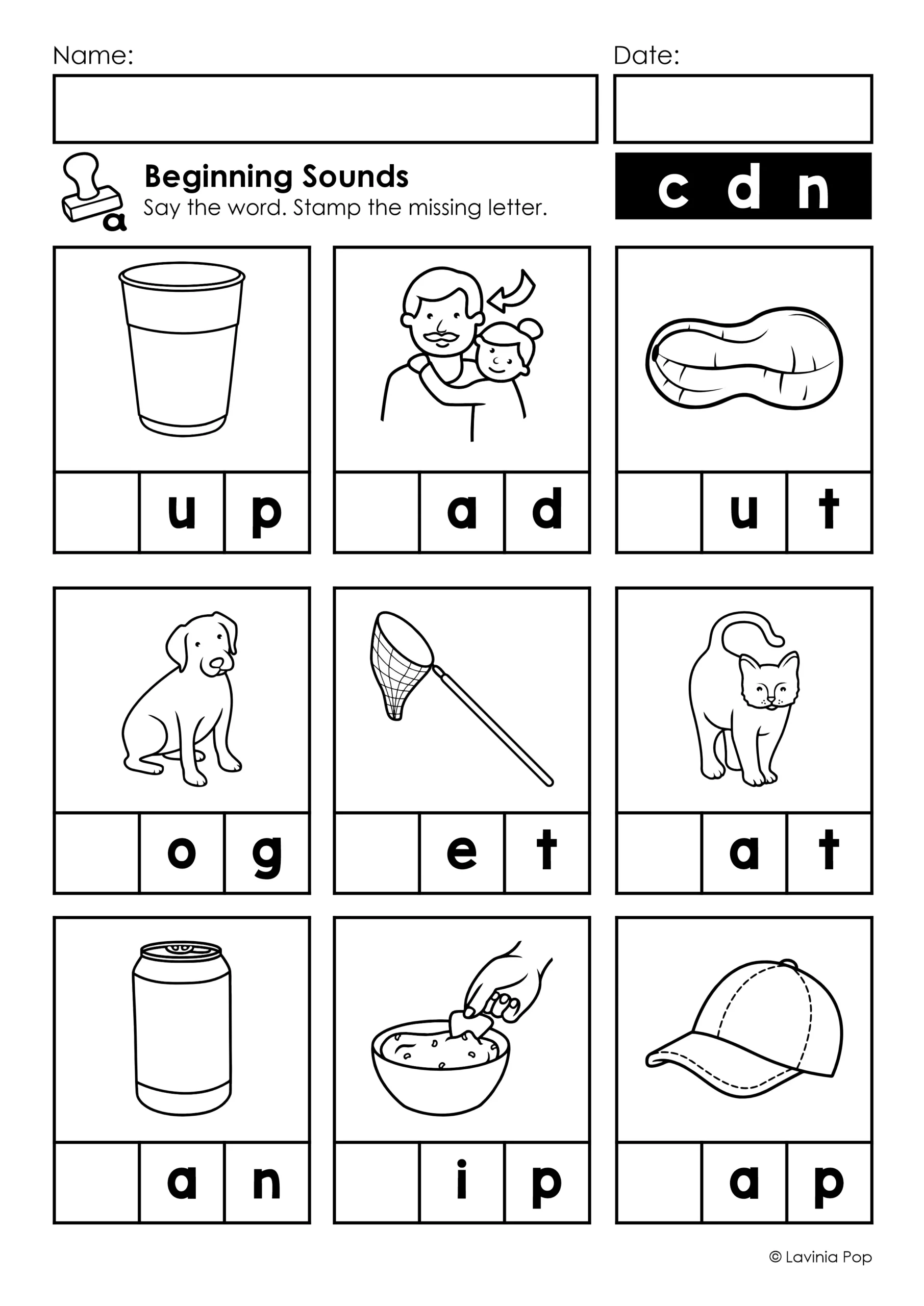 CVC Stamp It! Word Work Center beginning sounds worksheet for kindergarten, with a letter bank to complete words such as cup, dad, and nut.