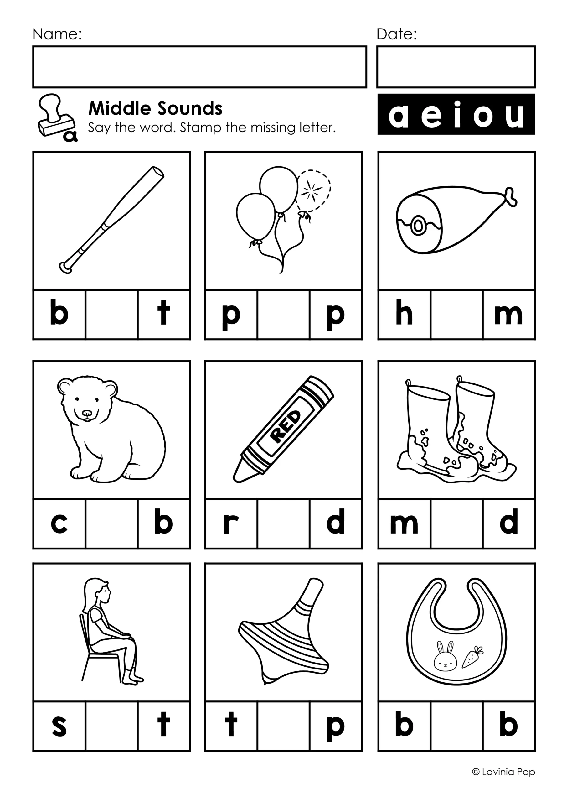 CVC Stamp It! Word Work Center middle sounds worksheet for kindergarten, with a vowel bank to complete words such as bat, pop, and ham.