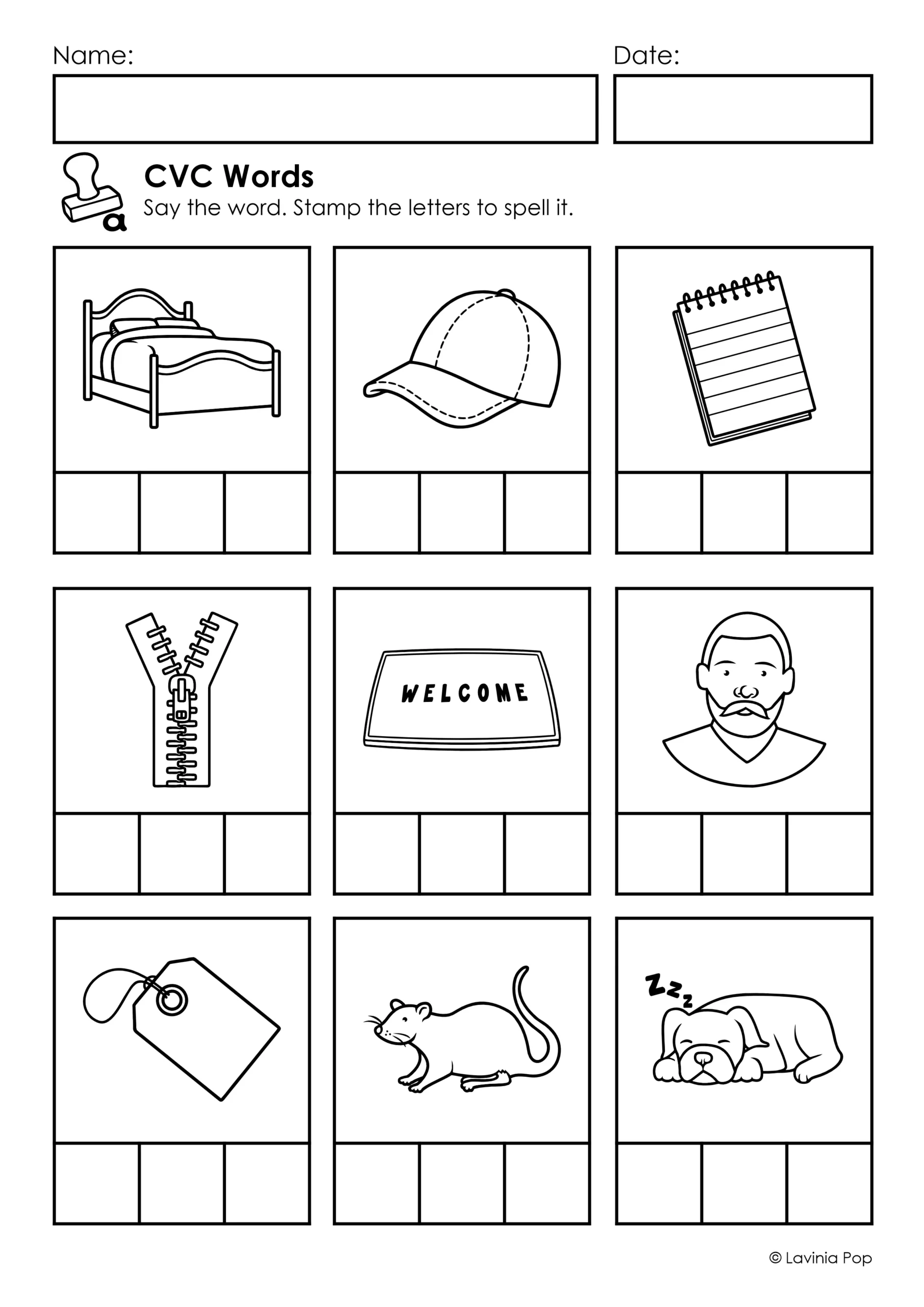CVC Stamp It! Word Work Center worksheet with picture prompts and three empty letter boxes for kindergarten CVC spelling practice.
