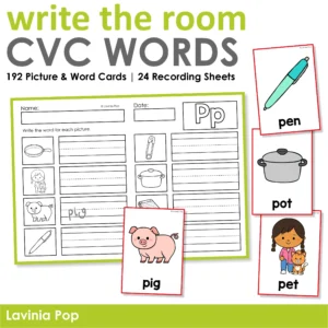 CVC Words Write the Room Activity for kindergarten reading and writing, featuring 192 picture and word cards and 24 recording sheets.