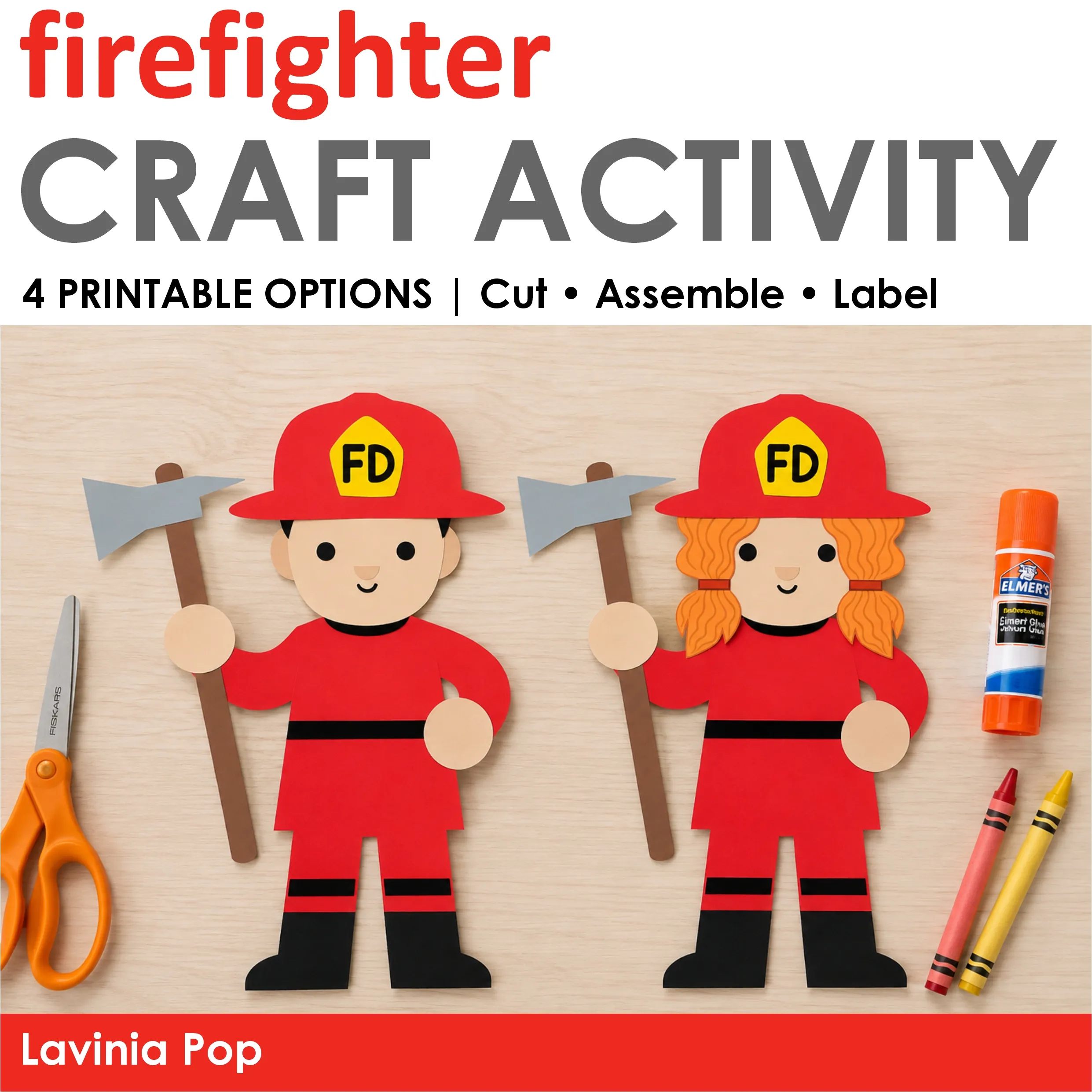 Firefighter craft activity cover showing two completed paper firefighters and four printable cut, assemble, and label options.