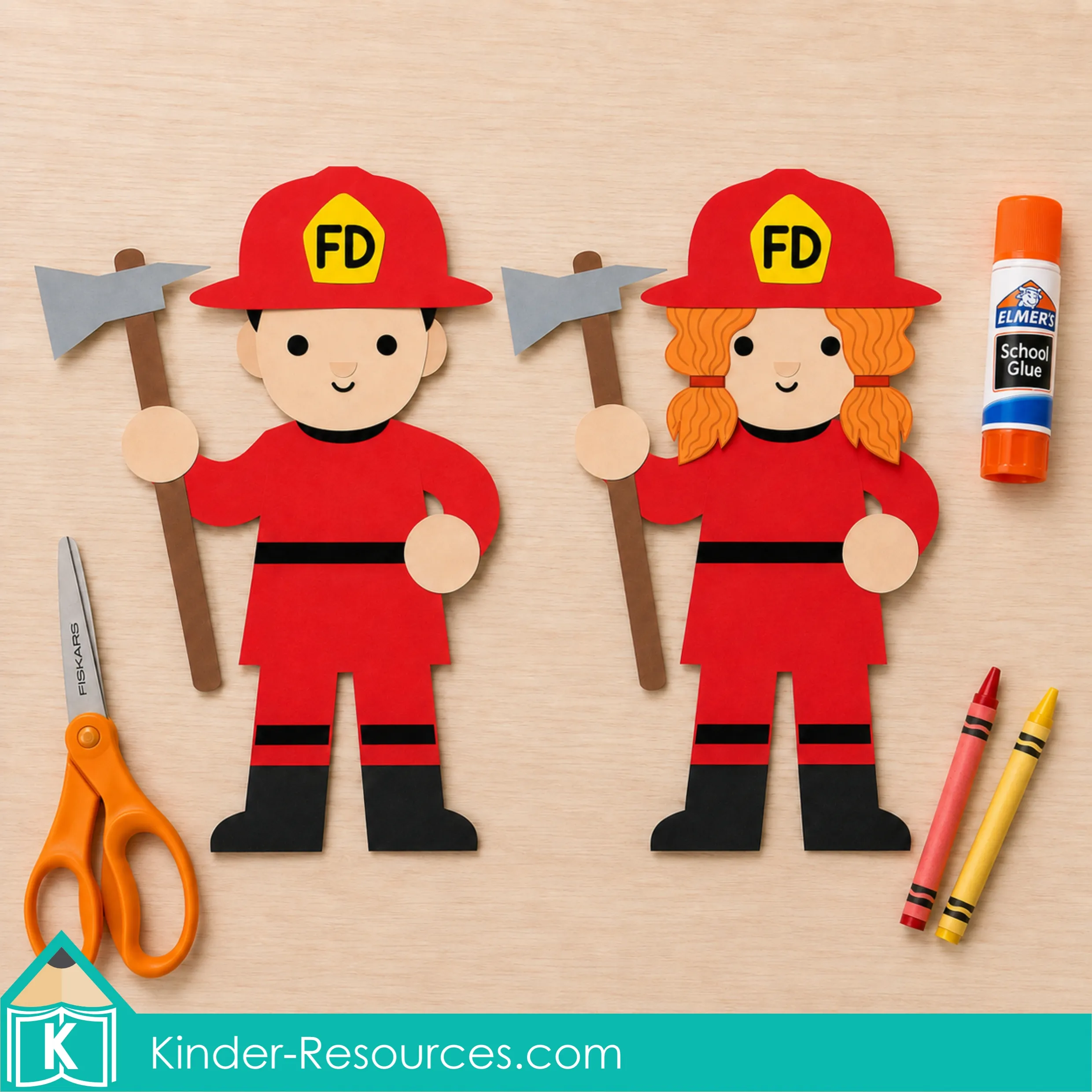 Completed boy and girl firefighter paper crafts holding axes beside scissors, crayons, and an Elmer’s glue stick.