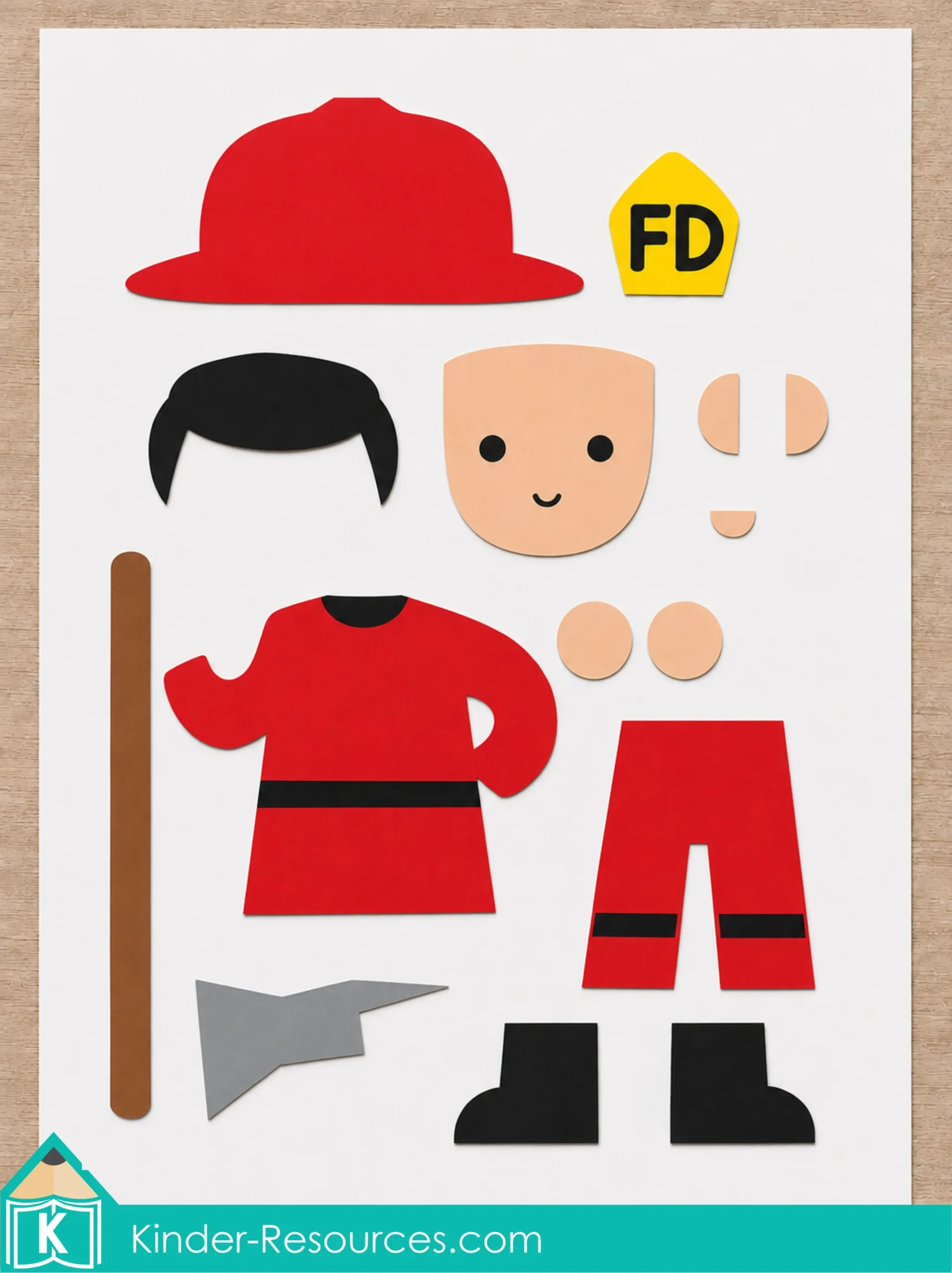 Pre-colored firefighter craft pieces including a helmet, badge, hair, face, jacket, pants, boots, hands, and axe.