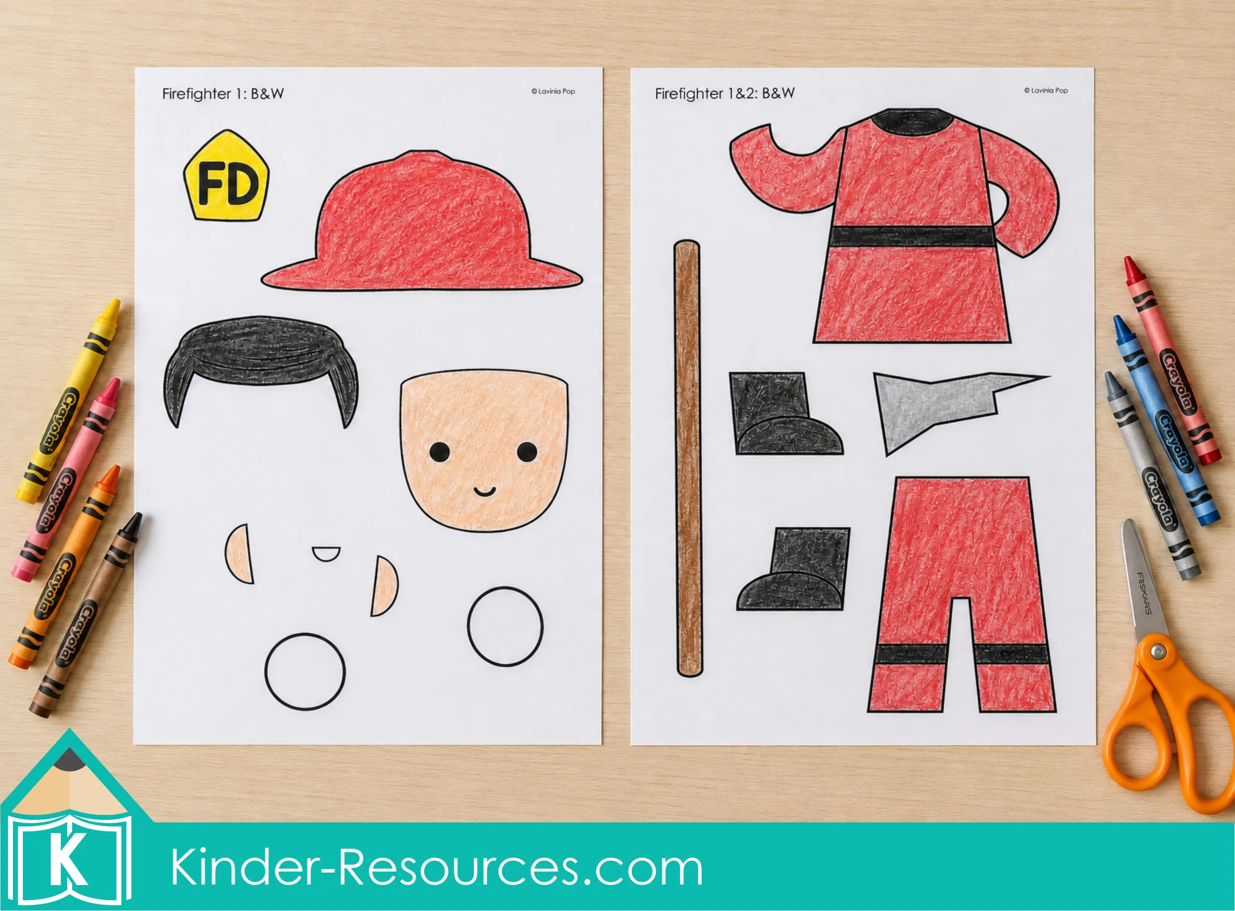 Firefighter printable pages colored with crayons, showing the helmet, face, hair, jacket, pants, boots, and axe.