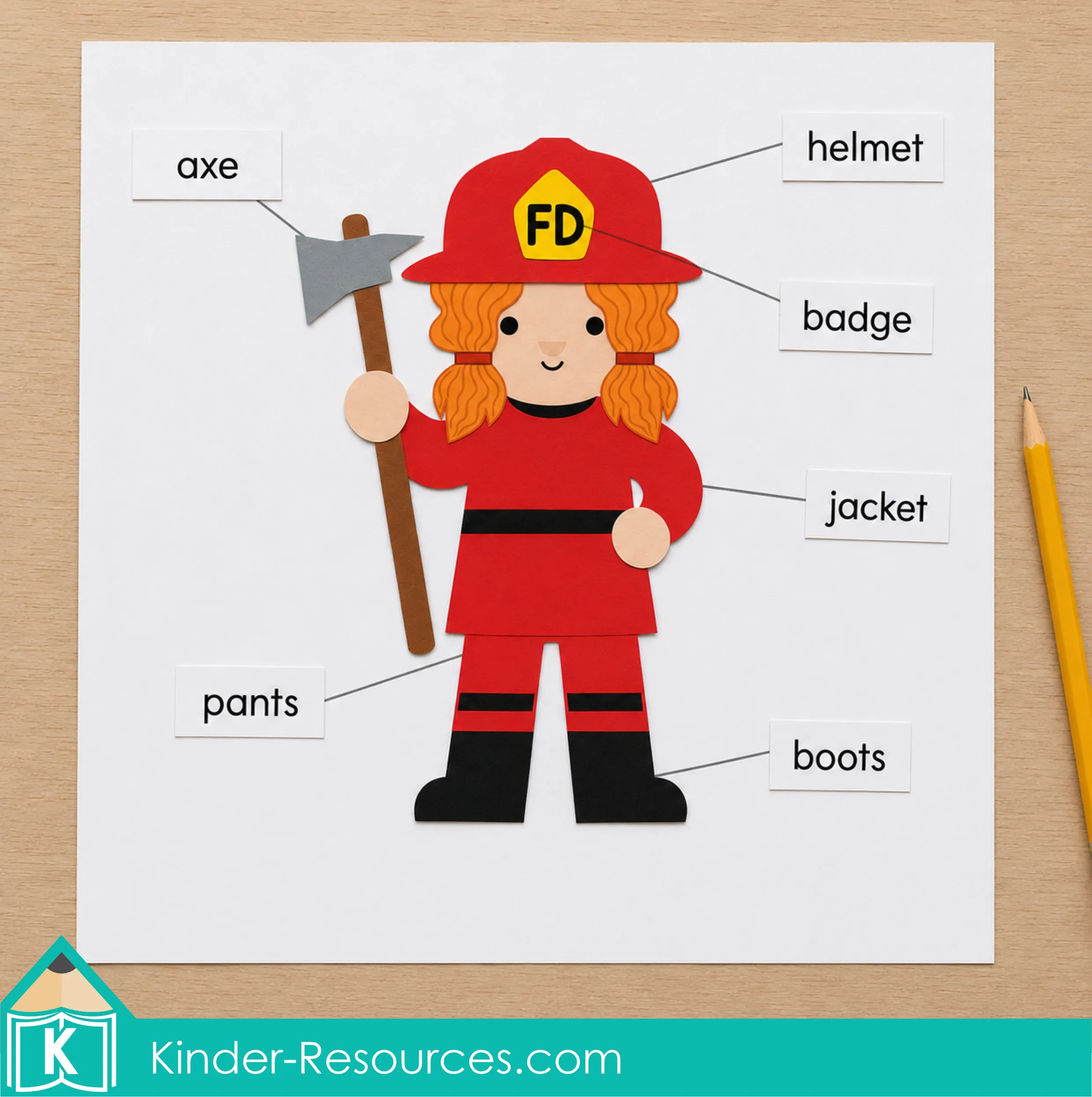 Girl firefighter cut-and-paste craft labeled with helmet, badge, jacket, pants, boots, and axe on a white page.