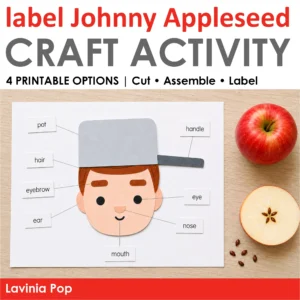Johnny Appleseed craft activity cover showing the completed labeling craft with a whole apple, apple half, and loose seeds.