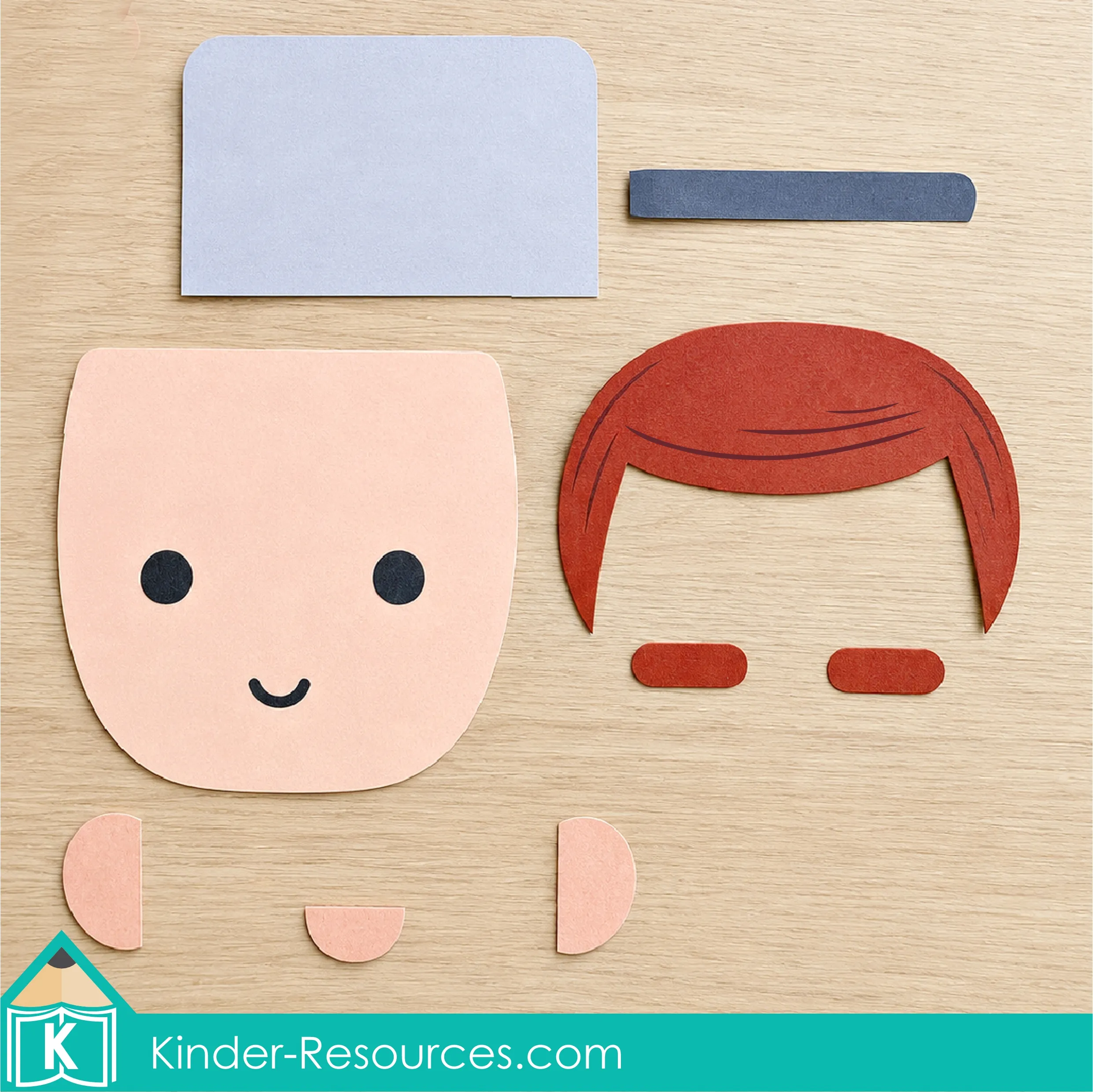 Johnny Appleseed paper craft pieces arranged for assembly, including the face, hair, eyebrows, ears, nose, pot, and handle.